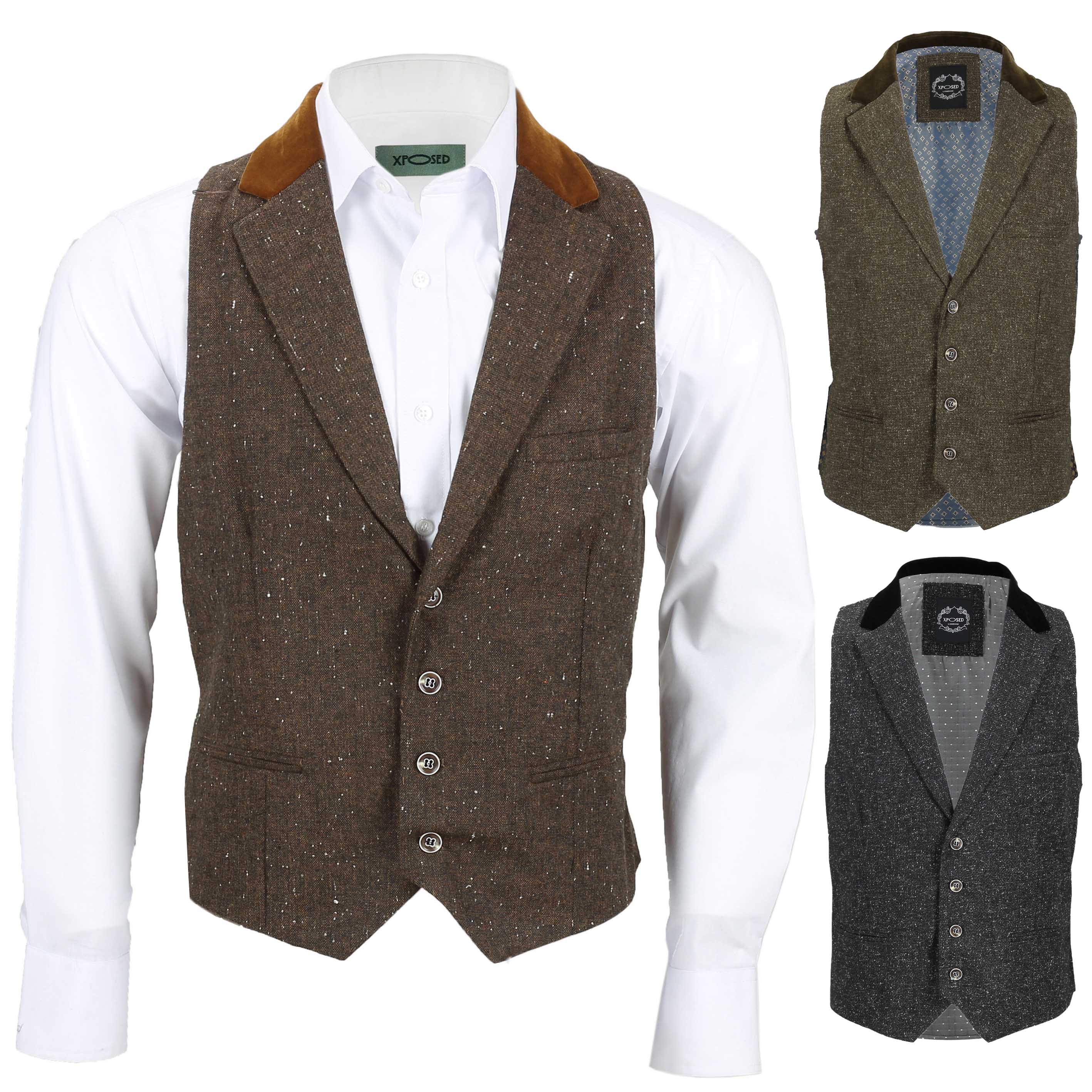 Mens Tweed Wool Waistcoat Vintage Velvet Collared Smart Casual Vest